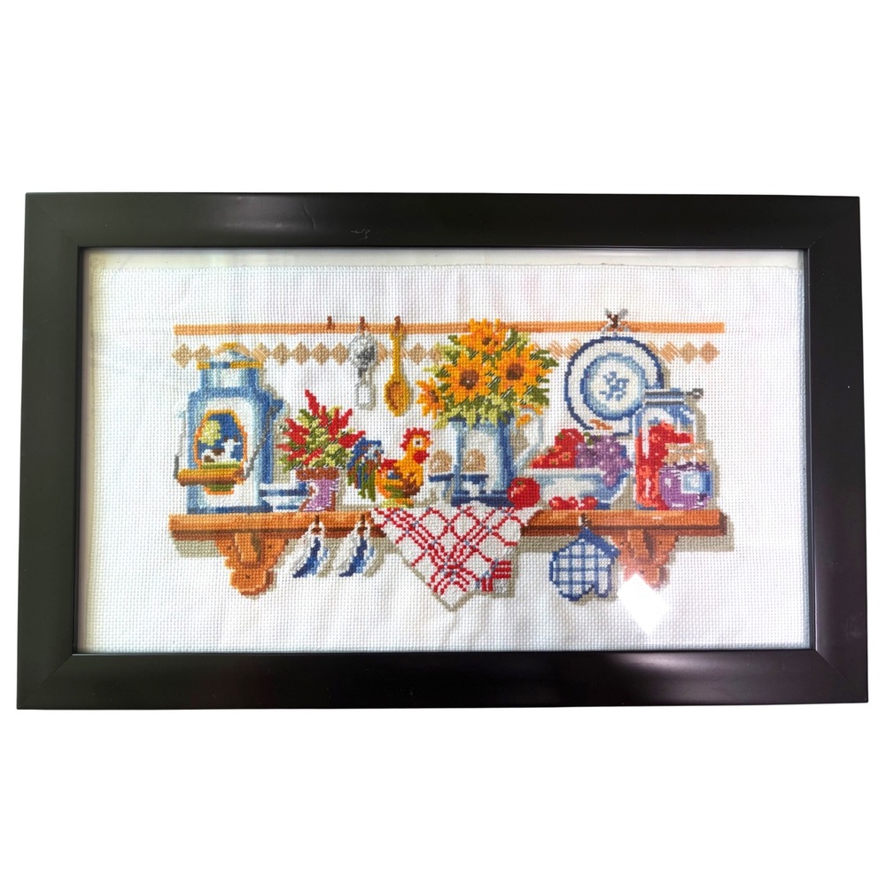 Handmade Framed Cross Stitch Country Kitchen Rooster Sunflower Farmhouse Decor